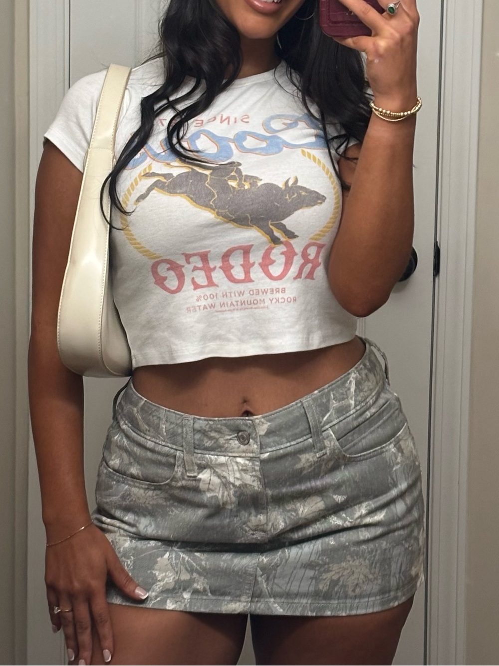 Hollister Gray and Cream Leaf Print Denim Mini Skirt